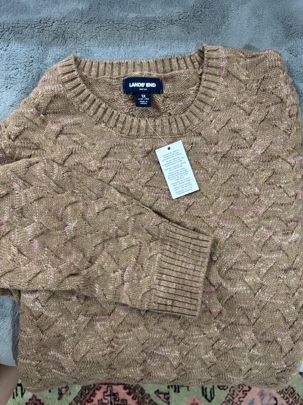 NWT Lands' End Women’s Drifter Cable Crewneck Sweater in Tan with Pink Flecks
